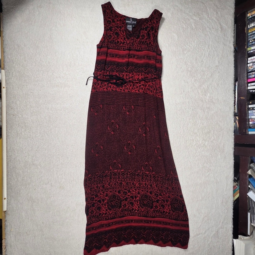 Vintage Carole Little Maxi Dress Womens 10 Red Black Boho Rayon Vintage 963424H